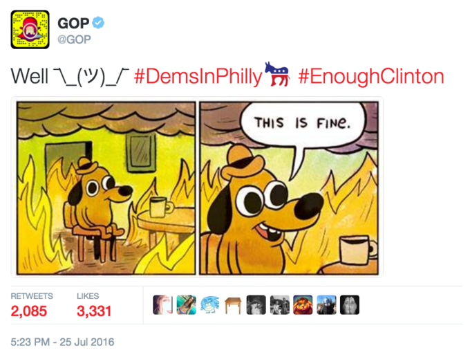 凧 @GOP WellL(ツ)「#DemslnPhilly #EnoughClinton THIS IS FINe. RETWEETS LIKES 2,085 3,331 5:23 PM-25 Jul 2016