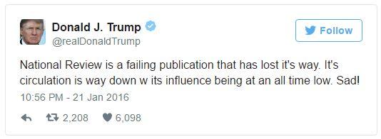 Donald J. Trump @realDonaldTrump Follow National Review is a failing publication that has lost it's way. It's circulation is way down w its influence being at an all time low. Sad! 10:56 PM 21 Jan 2016 わゼ子2,208 6,098