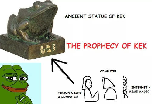 ANCIENT STATUE OF KEK THE PROPHECY OF KEK COMPUTER INTERNET/ MEME MAGIC PERSON USING A COMPUTER