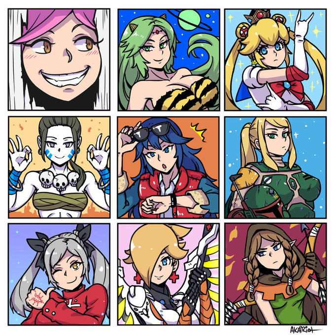References in order;

Fem!Villager = Johnny (Shining)
Palutena = Space Invader Lum
Peach = Sailor Moon
Wii Fit Trainer = Dhalsim
Lucina = Marty McFly (BTTF)
Samus = Bobba Fett (Star Wars original Trilogy)
Fem!Robin = Tohsaka Rin (Fate)
Rosalina = Mercy (Overwatch)
Zelda = Elf (Dragon's Crown)

some of them are surprisingly fitting.