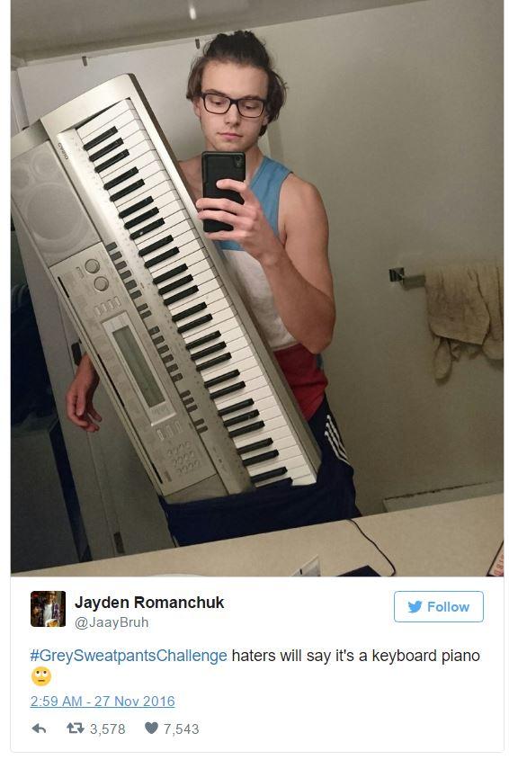 Jayden Romanchuk @JaayBrubh Follow #GreySweatpantsChallenge haters will say it's a keyboard piano 2:59 AM- 27 Nov 2016 4 다 3,578 7,543