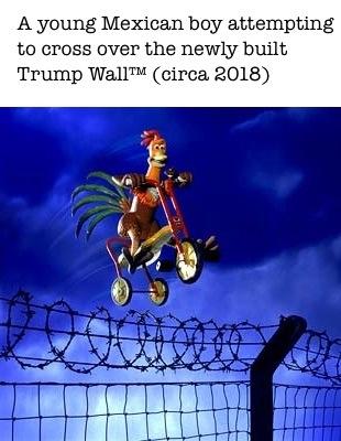 A young Mexican boy attempting to cross over the newly built Trump WallTM (circa 2018)