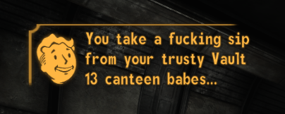 You take a f------ sip from your trusty Vault 13 canteen babes...