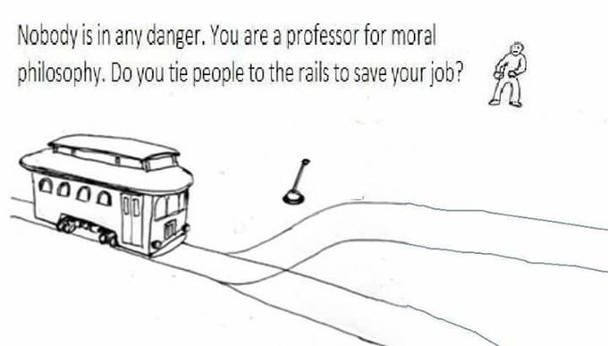 Nobody is in any danger. You are a professor for moral philosophy. Do you tie people to the rails to save your job? a000