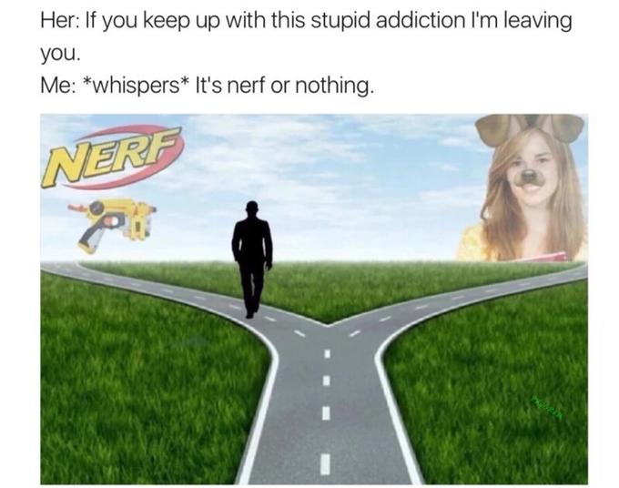 Her: If you keep up with this stupid addiction I'm leaving you Me: *whispers* It's nerf or nothing