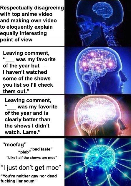 Respectually disagreeing with top anime video and making own video to eloquently explain equally interesting point of view Leaving comment "was my favorite of the year but I haven't watched some of the shows you list so l'Il check them out." Leaving comment, “ was my favorite of the year and is clearly better than the shows I didn't watch. Lame." "moefag" "pleh"bad taste" "Like half the shows are moe "I just don't get moe" "You're neither gay nor dead f------ liar scum"