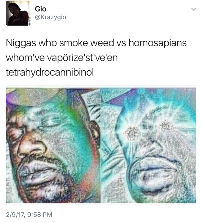 Gio @Krazygio N----- who smoke weed vs homosapians whom've vapörize'st've'en tetrahvdrocannibinol 2/9/17, 9:58 PM