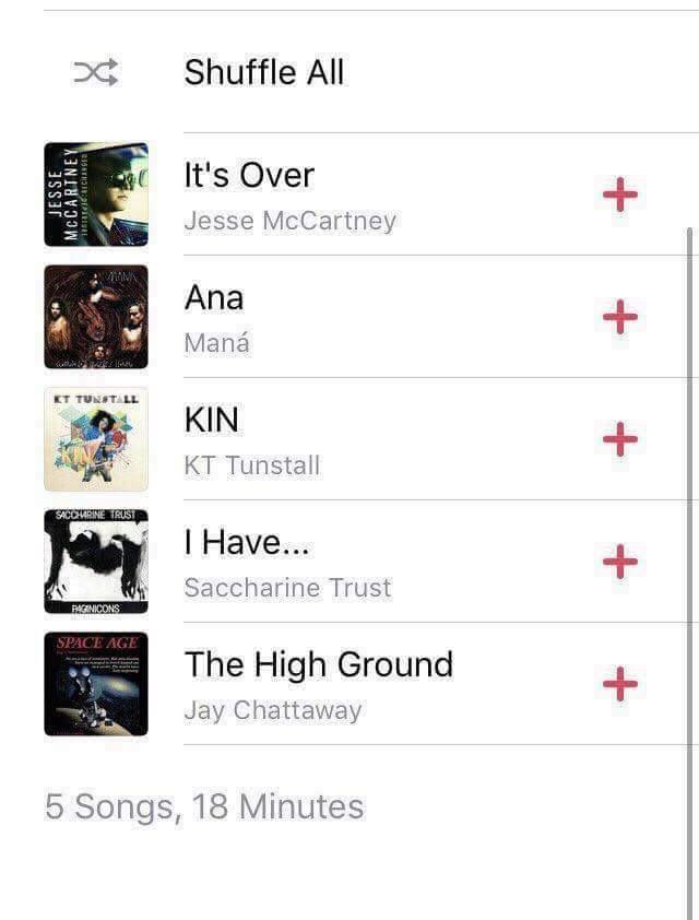 Shuffle All It's Over Jesse McCartney Ana Maná T TUNSTALL KIN KT Tunstall I Have. Saccharine Trust SPACE AGE The High Ground Jay Chattaway 5 Songs, 18 Minutes