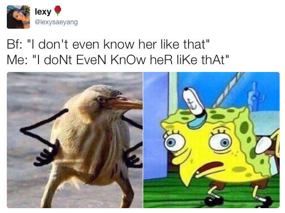 I don't even know her like that mocking spongebob meme next to bird with arms as how the BF sounds when he says that, which spawned the spread of this meme