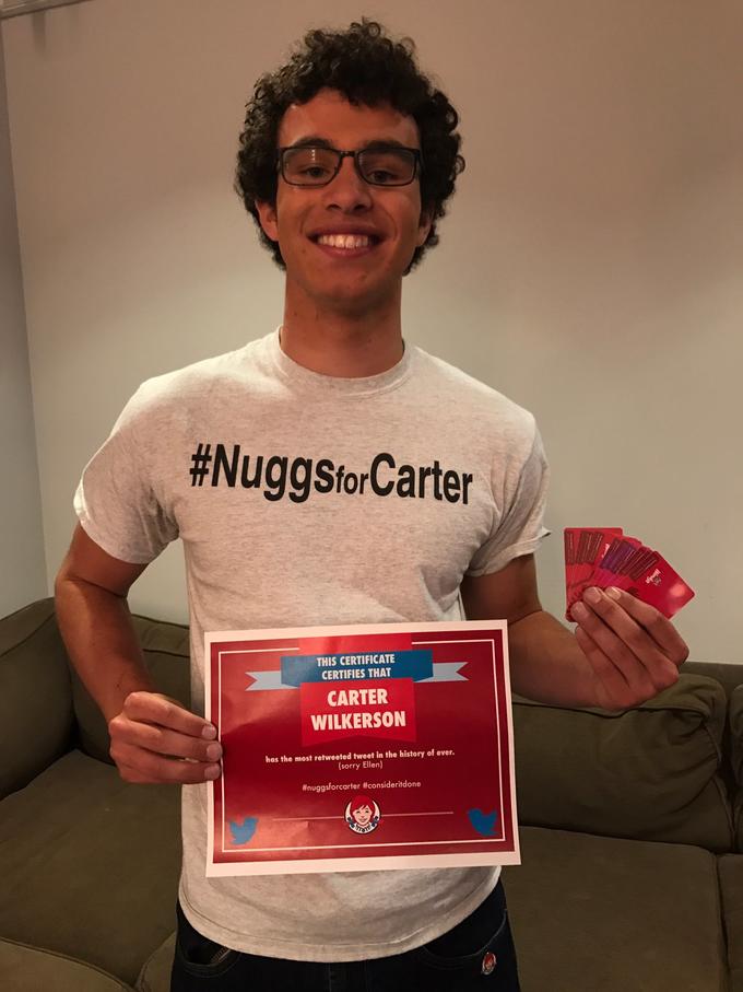 #NuggsforCarter THIS CERTIFICATE CERTIFIES THAT CARTER WILKERSON has the most retweeted tweet in the history of ever. (sorry Ellen) #nUggsforcarter #consider·tdone