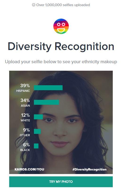 Over 1,000,000 selfies uploaded Diversity Recognition Upload your selfie below to see your ethnicity makeup 39% HISPANIC 34% ASIAN 12% WHITE 9% OTHER 6% BLACK KAIROS.COM/YOU #DiversityRecognition TRY MY PHOTO