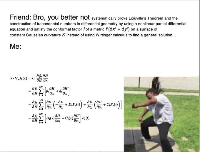 caption: "bro you better not systematically prove Liousville's Theorem and the construction of trancendntial numbers in differential geometry by using a nonlinear partial differential equation and satisfy the conformal factor f of a metric f^2(dx^2+dy^2) on the surface of constant Gaussian curvature K instead of using Wirtinger calculus to find a general solution"