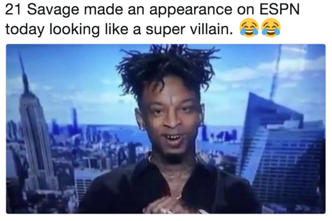 21 Savage made an appearance on ESPN today looking like a super villain.