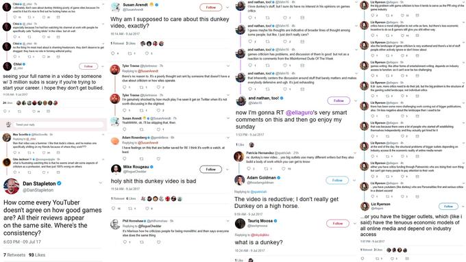 In case you're late to the party:

<iframe width="300" height="169" src="https://www.youtube.com/embed/lG2dXobAXLI" frameborder="0"></iframe>

Sources, with occupations listed from their Twitter bios roughly during the time of the Tweets:

"@_chloi [IGN associate editor]":https://twitter.com/_chloi/status/884112356136984576
"@MaxScoville [IGN host, producer, and 'face']":https://twitter.com/MaxScoville/status/884130380571222016
==@xoxogossipgita [Kotaku staff writer] Tweet deleted==
"@DanStapleton [IGN executive editor of reviews]":https://twitter.com/DanStapleton/status/883929601814151169
"@SusanArendt [Crop Circle Media CEO, TakeThis.org co-founder], @tylertreese [bylines for PlayStation LifeStyle, We Got This Covered, High-Def Digest, Kill Screen & etc. The Bro-C Podcast co-host]":https://archive.vn/trhgq
"@geminibros [Mashable senior reporter and/or weekend editor]":https://twitter.com/geminibros/status/884110962701344768
"@RogueCheddar [Gamespot and "Gamespot Universe" senior editor, entertainment]":https://twitter.com/RogueCheddar/status/884123674843815936
==@philhornshaw [freelancer, currently GameSpot editor] Tweet deleted==
"@Vahn16 [Kotaku reporter]":https://twitter.com/Vahn16/status/884153458848178176
"@xpatriciah [Kotaku deputy editor]":https://twitter.com/xpatriciah/status/883897365039636480
"@theadamgoldman [writer/director]":https://twitter.com/theadamgoldman/status/884094660964225024, "not to be confused with the NYT journalist of the same name":https://en.wikipedia.org/wiki/Adam_Goldman
==@tauriqmoosa [Guardian, Daily Beast, Polygon, Mary Sue, Paste, and Lifehacker writer] Tweet deleted==
"@ellaguro [bylines for The New Inquiry, Jacobin, Waypoint]":https://twitter.com/ellaguro/status/884137220583575552