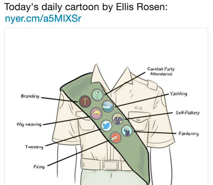 Today's daily cartoon by Ellis Rosen: nyer.cm/a5MIXSr Cocktail Party Attendance Branding 7 Yachting Self-Flattery g weaving Pardoning Tweeting Firing