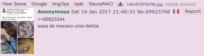 View Same Google lmgOps iqdb SauceNA。山1461875750790.jpg. 109KiB. 600x842 Anonymous Sat 14 Jan 2017 21:40:51 No.69923768 l Report 69923344 sopa de macaco uma delicia