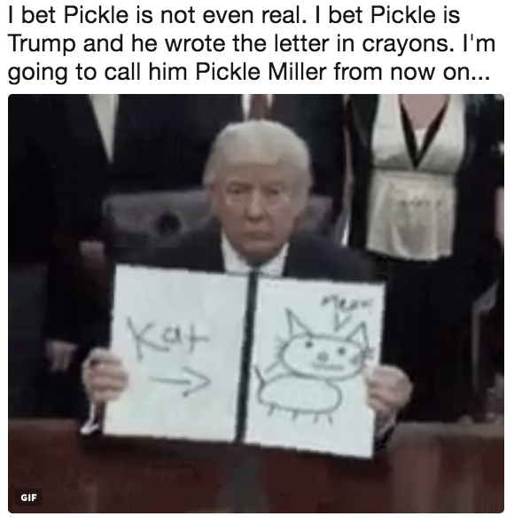 l bet Pickle is not even real. I bet Pickle is Trump and he wrote the letter in crayons. I'm going to call him Pickle Miller from now on.. cl GIF