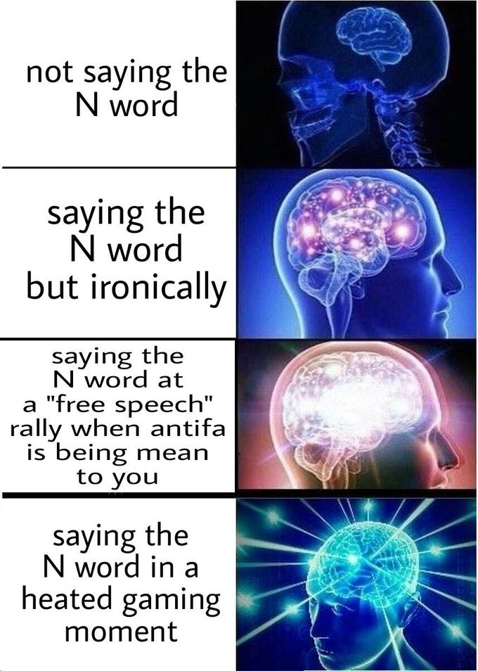 not saying the N word saying the N word but ironically saying the N word at a "free speech" rally when antifa is being mean to you saying the N word in a heated gaming moment