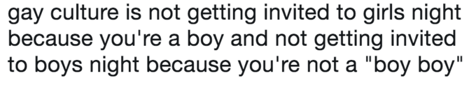 gay culture is not getting invited to girls night because you're a boy and not getting invited to boys night because you're not a "boy boy"