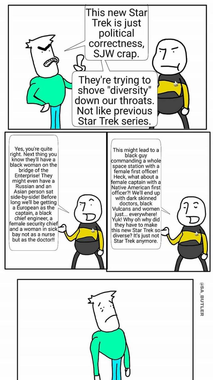 This new Star Trek is just political correctness, SJW crap They're trying to shove "diversity" down our throats. Not like previous Star Trek series. Yes, you're quite right. Next thing you know they'll have a black woman on the bridge of the Enterprise! They might even have a Russian and an Asian person sat side-by-side! Before long we'll be getting a European as the captain, a black chief engineer, a female security chie and a woman in sick bay not as a nurse but as the doctor!! This might lead to a black guy ommanding a whole space station with a female first officer! Heck, what abouta emale captain witha Native American first officer?! We'll end up with dark skinned doctors, black Vulcans and women ust.. everywhere! uk! Why oh why did they have to make this new Star Trek so diverse? It's just not Star Trek anymore