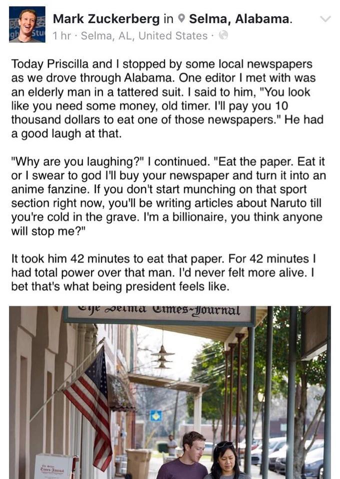 Hilarious Pixelated Boat photoshopped status update of Mark Zuckerberg's post to imply he jokingly made newspaper editor eat a newspaper