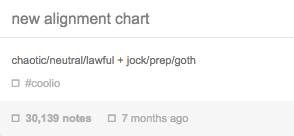 new alignment chart chaotic/neutralawful+ jock/prep/goth #coolio 30,139 notes7 months ago