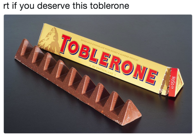 rt if you deserve this toblerone TOBLERONE SWISS MILK CHOCOLATE WITH HONEY&ALMOND NOUGAT ALMO 47 ▲ OF SWITZERLAND SWI