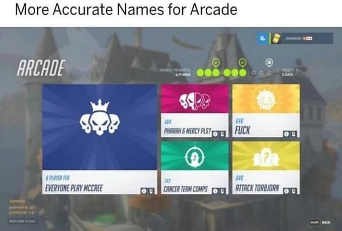 More Accurate Names for Arcade ARCADE 516 PHARRH &MERCY PLSFUCK VERYONE PLAY MCCREE RINCER TERM COMPS TTACK TORBJORN