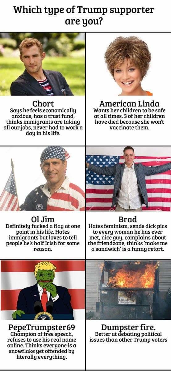 Which type of Trump supporter are you? Chort American Linda at all times. 3 of her children vaccinate them. Says he feels economically anxious, has a trust fund, Wants her children to be safe thinks immigrants are takinghave died because she won't all our jobs, never had to worka day in his life Ol Jim Brad Definitely f----- a flag at one Hates feminism, sends d--- pics point in his life. Hates to every woman he has ever immigrants but loves totel met, nice guy, complains about people he's half Irish for some the friendzone, thinks 'make me a sandwich' is a funny retort. reason. Dumpster fire Better at debating political PepeTrumpster69 Champion of free speech, refuses to use his real nameissues than other Trump voters online. Thinks everyone is a snowflake yet offended by literally everything.