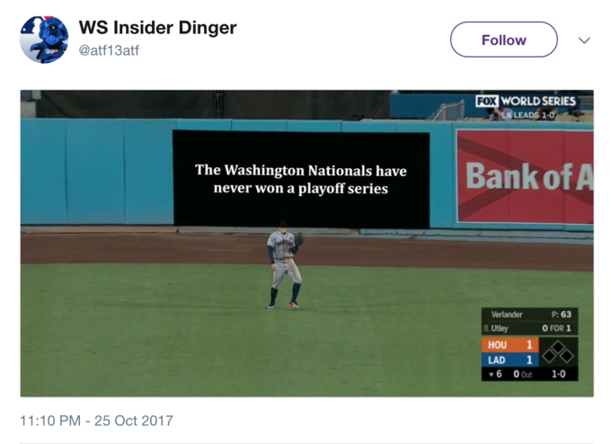 WS Insider Dinger @atf13atf Follovw FOX WORLD SERIES LA LEADS 1-0 The Washington Nationals have never won a playoff series P: 63 O FOR 1 Verlander 8 Utley HOU 1 LAD 1 ▼60out 1-0 11:10 PM-25 Oct 2017