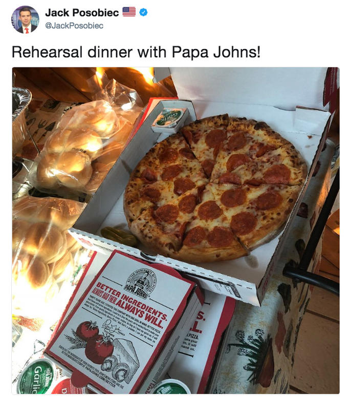 Jack Posobiec @JackPosobied Rehearsal dinner with Papa Johns! PIZZA