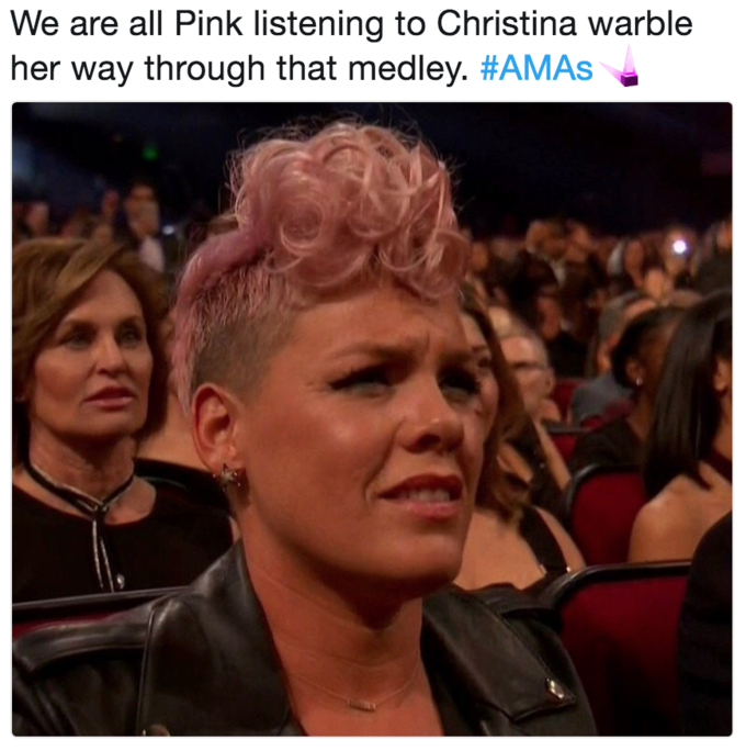 We are all Pink listening to Christina warble her way through that medley. #AMAs