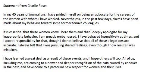 Charlie Rose releases statement of apology