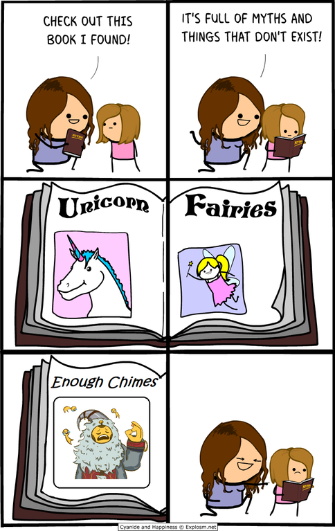 CHECK OUT THIS B00K I FOUND! ITS FULL OF MYTHS AND THINGS THAT DON'T EXIST! Unicorn 'Faîries Cyan.de and Happiness © Explosm.net