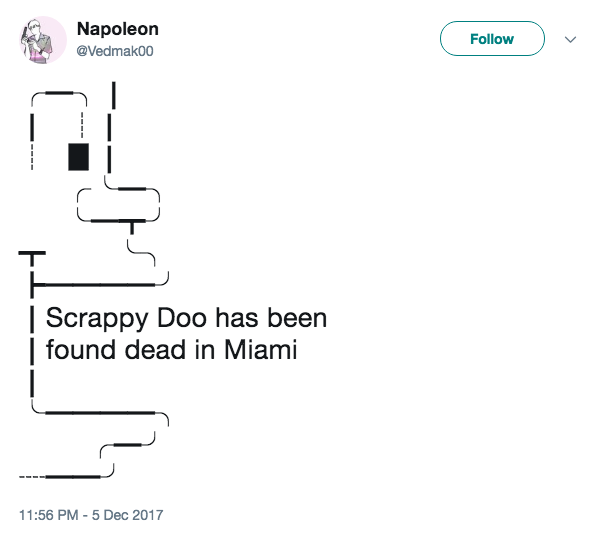 Napoleon @Vedmak00 Follow Scrappy Doo has been found dead in Miami 11:56 PM-5 Dec 2017