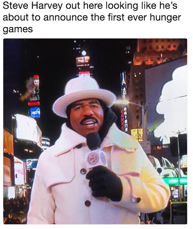 Steve Harvey out here looking like he's about to announce the first ever hunger games Steve Harvey Theatre District