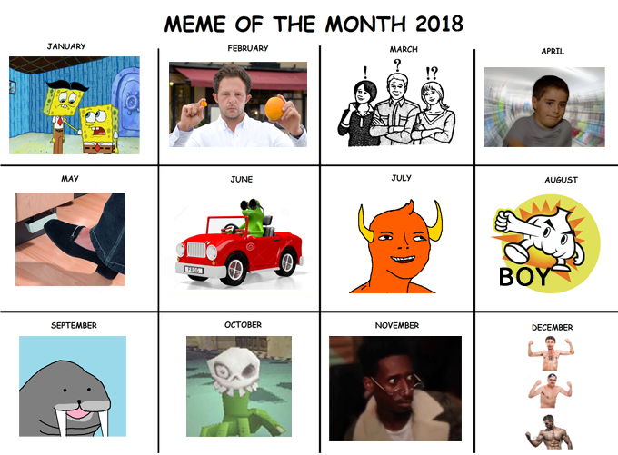 MEME OF THE MONTH 2018 ANUARY FEBRUARY MARCH APRIL ?12 MAY JUNE JULY AUGUST BO SEPTEMBER OCTOBER NOVEMBER DECEMBER