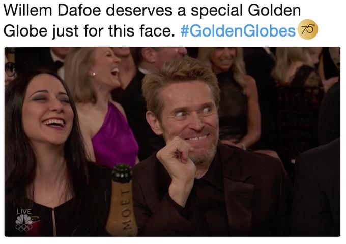 Willem Dafoe deserves a special Golden Globe just for this face. #GoldenGlobes LIVE