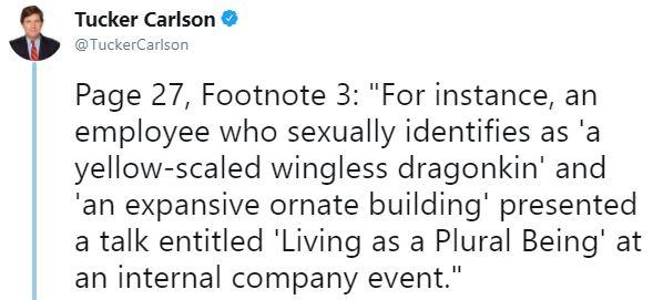 Tucker Carlson @TuckerCarlson Page 27, Footnote 3: "For instance, arn employee who sexually identifies as 'a yellow-scaled wingless dragonkin' and 'an expansive ornate building' presented a talk entitled Living as a Plural Being' at an internal company event