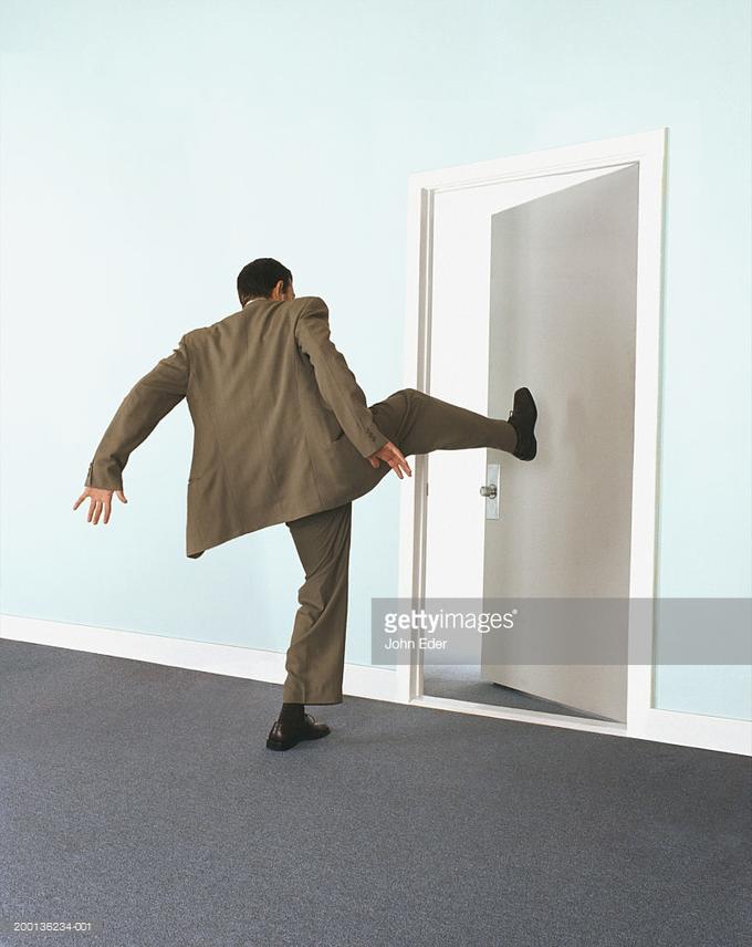 Businessman Kicking Door Rear View Three Doors Know Your Meme