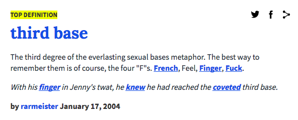 TOP DEFINITION third base The third degree of the everlasting sexual bases metaphor. The best way to remember them is of course, the four "F"s. French, Feel, Finger, F--- With his finger in Jenny's t---, he knew he had reached the coveted third base. by rarmeister January 17, 2004