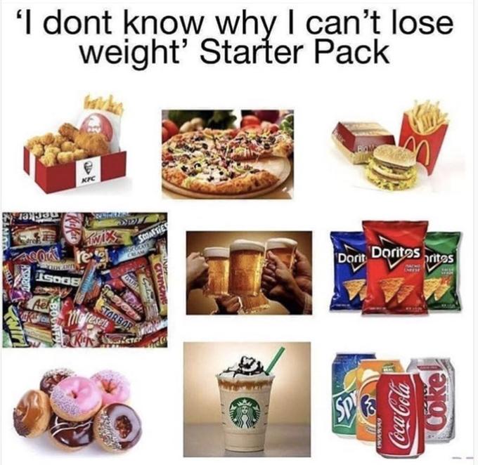 Starter pack for those who claim they are on a diet but for some reason can't seem to lose the weight not matter how hard they try.