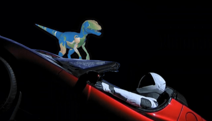Spaceman in his Tesla in space, with the planet earth photoshopped to the shape of a tyrannosaurus rex