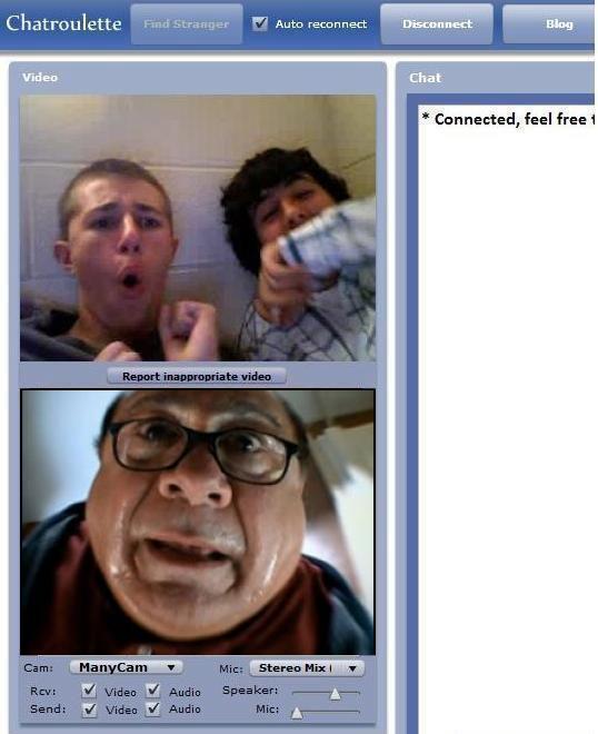 Chatroulette Find Stranger Auto reconnect Disconnect Blog Video Chat *Connected, feel free 1 Report inappropriate video Cam: ManyCam ▼ Mic: . Stereo Mix' . Video V Audio Speaker: Mic: Send: V Video Audio