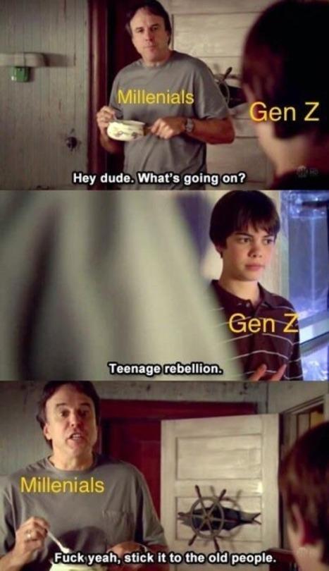 Millenial Gen Z Hey dude.What's going on? Gen Teenage rebellion Millenials F--- yeah, stick it to the old people.