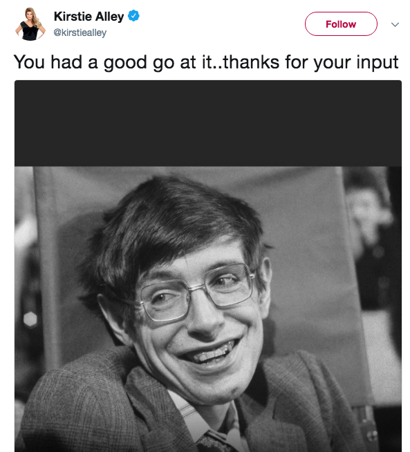 Kirstie Alley Tweet Stephen Hawking Know Your Meme