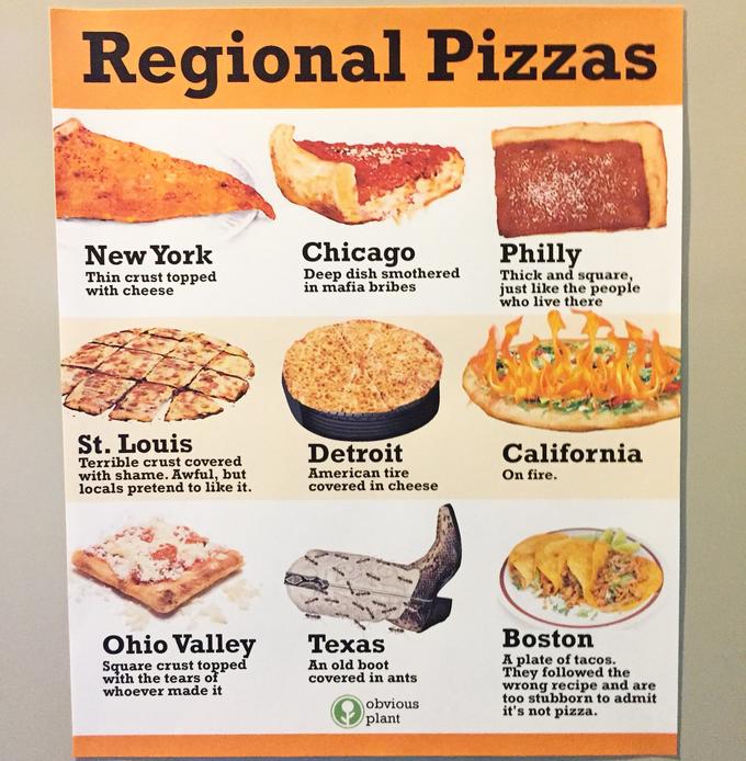 Regional Pizzas New York Chi Philly Thin crust topped with cheese Deep dish smothered n mafia bribes Thick and square, just like the people who live there St. Louis Terrible crust covered with shame. Awful, but locals pretend to like it Detroit American tire covered in cheese California On fire. Ohio Valley Texas Boston Square crust topped with the tears o whoever made it A plate of tacos They followed the wrong recipe and are too stubborn to admit it's not pizza. An old boot covered in ants obvious plant