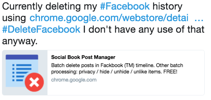 Currently deleting my #Facebook history using chrome.google.com/webstore/detai #DeleteFacebook I don't have any use of that anyway. Social Book Post Manager Batch delete posts in Fackbook (TM) timeline. Other batch processing: privacy / hide /unhide / unlike items. FREE! chrome.google.com