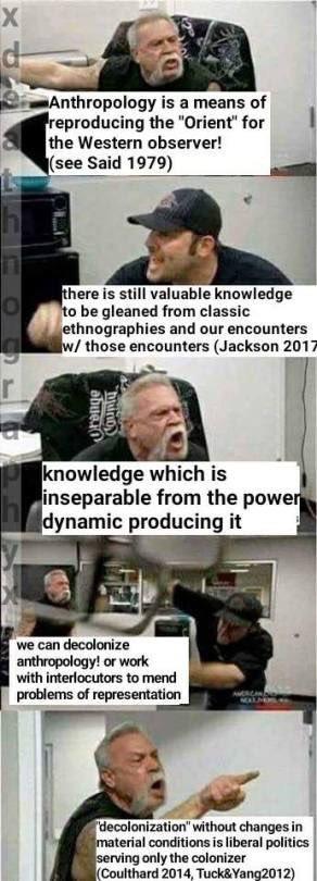-Anthropology is a means of reproducing the "Orient" for the Western observer! see Said 1979) here is still valuable knowledge o be gleaned from classic ethnographies and our encounters w/ those encounters (Jackson 2017 knowledge which is inseparable from the powe dynamic producing it we can decolonize anthropology!or work with interlocutors to mend problems of representation decolonization" without changes in terial conditions is liberal politics serving only the colonizer Coulthard 2014, Tuck&Yang2012)