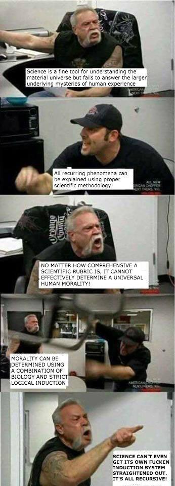 Science is a fine tool for understanding the material universe but fails to answer the larger underlying mysteries of human experience All recurring phenomena can be explained using proper sclentific methodology! NO MATTER HOW COMPREHENSIVE A SCIENTIFIC RUBRIC IS, IT CANNOT EFFECTIVELY DETERMINE A UNIVERSAL HUMAN MORALITY! MORALITY CAN BE DETERMINED USING A COMBINATION OF BIOLOGY AND STRICT LOGICAL INDUCTION SCIENCE CAN'T EVEN GET ITS OWN FUCKEN INDUCTION SYSTEM STRAI IT'S ALL RECURSIVE! GHTENED OUT
